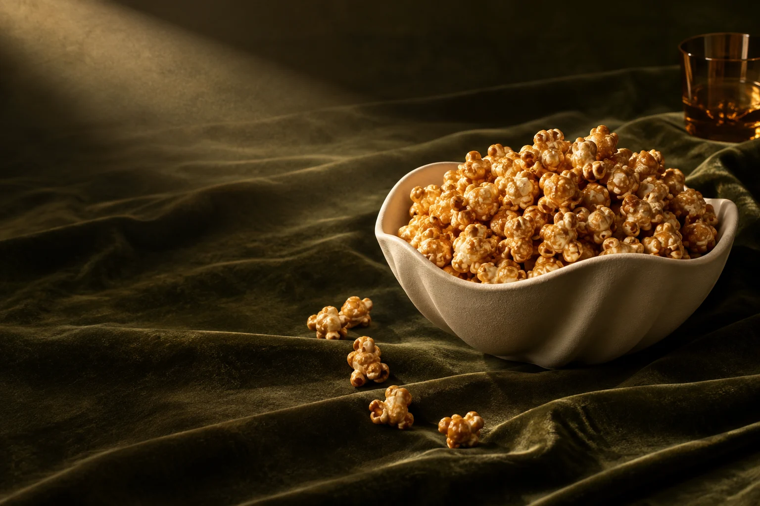 Golden caramel popcorn in a sculptural bowl on deep olive velvet